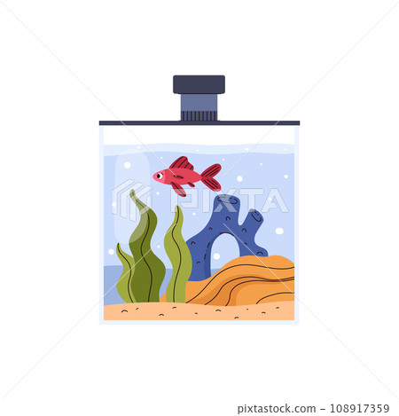 Cute home aquarium with swimming red fish flat style 108917359