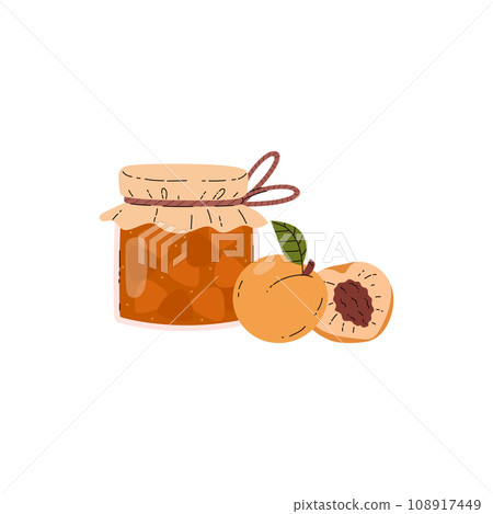 Glass jar with apricot jam, vector cartoon container with fruit juicy marmalade, natural conservation food dessert Glass jar with apricot jam, vector cartoon container with fruit juicy marmalade, natural conservation food dessert 108917449