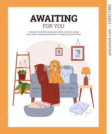 Pets in a cozy home, cat and dog resting in living room, damaged pillow on the floor, Awaiting for you vector poster Pets in a cozy home, cat and dog resting in living room, damaged pillow on the floor, Awaiting for you vector poster 108917460