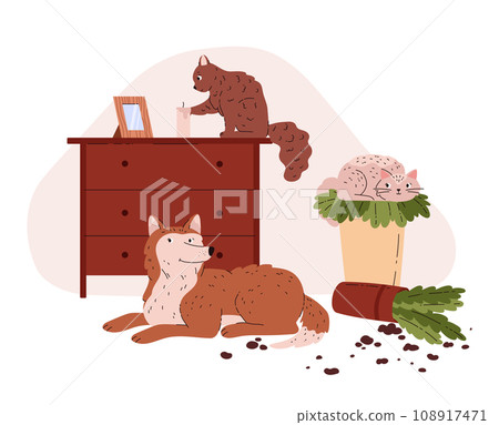 Dog and cats, pets made a mess at home, vector cartoon illustration. 108917471