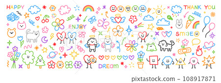 Cute kid scribble doodle icons set. Sun flower heart cat dog rainbow cloud smile elements sign and symbols in children drawing style. Hand drawn childish funny simple vector illustrations. Cute kid scribble doodle icons set. Sun flower heart cat dog rainbow cloud smile elements sign and symbols in children drawing style. Hand drawn childish funny simple vector illustrations. 108917871