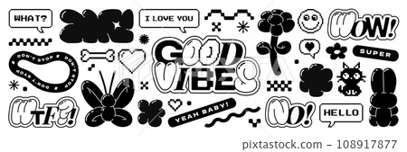 Bubble and pixel Y2k retro sticker pack. Balloon abstract shapes and 8bit icons in trendy retro style. Good vibes wtf wow. Cartoon graffiti tattoo vector illustration isolated on white background. 108917877