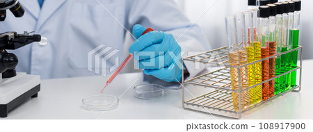 Laboratory researcher develop new medicine using colorful chemical. Rigid Laboratory researcher develop new medicine using colorful chemical. Rigid 108917900