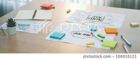 Marketing strategy mind map and sticky notes placed on office table. Variegated. Marketing strategy mind map and sticky notes placed on office table. Variegated. 108918121