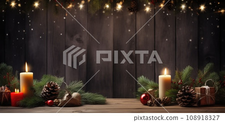 Merry Christmas and Happy New Year background with empty wooden table comeliness Merry Christmas and Happy New Year background with empty wooden table comeliness 108918327