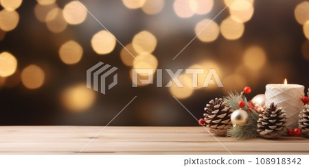 Merry Christmas and Happy New Year background with empty wooden table comeliness 108918342