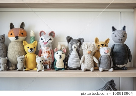 collection of handmade toys. knitted goods, felted wool and cotton stitched animals. 108918904