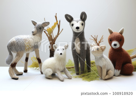 collection of handmade toys. knitted goods, felted wool and cotton stitched animals. collection of handmade toys. knitted goods, felted wool and cotton stitched animals. 108918920