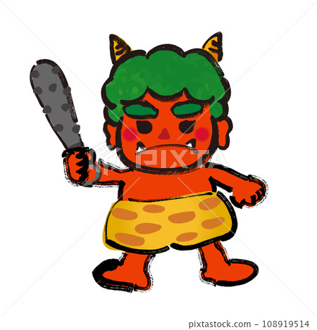 手持金棒的流行風格節分紅妖（妖精）插畫素材 108919514