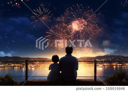 Back view of parent and child enjoying fireworks display AI generated image AI image 108919846