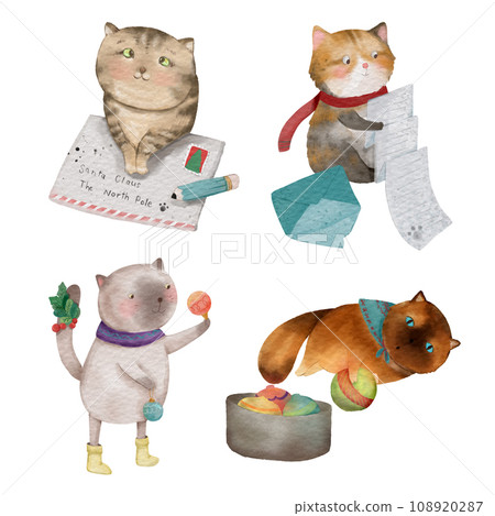 Cat . Christmas theme . Watercolor paint cartoon characters . Isolated . Set 4 of 5 . illustration . Cat . Christmas theme . Watercolor paint cartoon characters . Isolated . Set 4 of 5 . illustration . 108920287