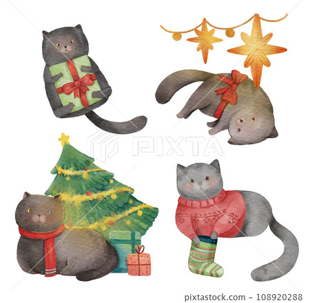 Cat . Christmas theme . Watercolor paint cartoon characters . Isolated . Set 5 of 5 . illustration . Cat . Christmas theme . Watercolor paint cartoon characters . Isolated . Set 5 of 5 . illustration . 108920288