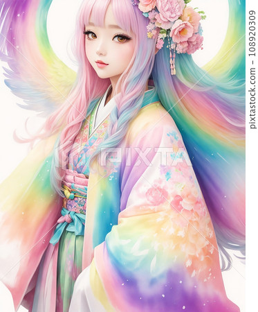 色彩繽紛的和服女人插畫藝術(AI 生成圖像) 色彩繽紛的和服女人插畫藝術(AI 生成圖像) 108920309