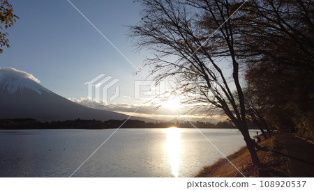 Mt. Fuji sunrise from Lake Tanuki in autumn Mt. Fuji sunrise from Lake Tanuki in autumn 108920537