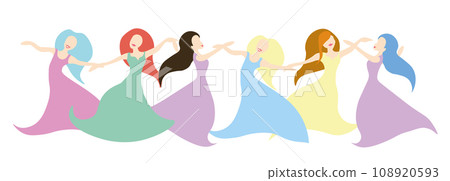 Vector illustration of colorful women holding hands and dancing, Vector illustration of colorful women holding hands and dancing, 108920593