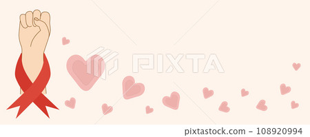 World AIDS Day banner vector illustration. Fist of support with red ribbon around the hand, hearts. World AIDS Day banner vector illustration. Fist of support with red ribbon around the hand, hearts. 108920994