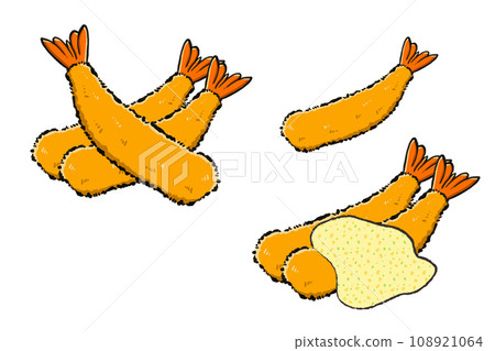 A set of hand-drawn illustrations of fried shrimp 108921064
