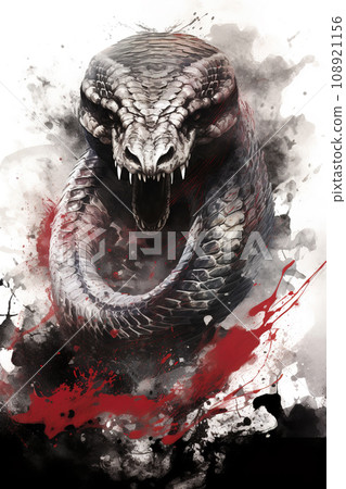 Image of painting very fierce king cobra ancient chinese style on a white background., Reptile., Wildlife Animals. 108921156