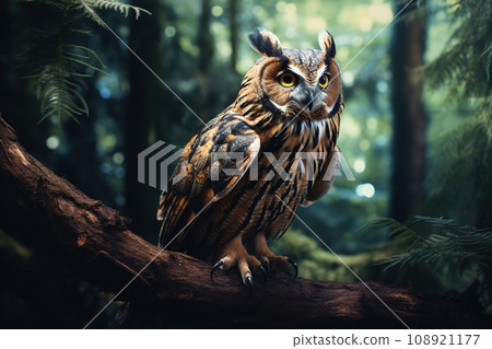 Image of an owlison (Great Horned Owl) in the forest on a natural background. Birds., Wildlife Animals. 108921177