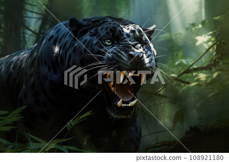 Image of black panther is angry in the forest., Wildlife Animals. Image of black panther is angry in the forest., Wildlife Animals. 108921180