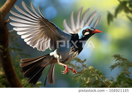 Image of Red-billed blue magpie flying in the forest on a natural background. Birds., Wildlife Animals. 108921185