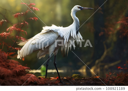 Image of demoiselle crane with beautiful red flowers in the forest on a natural background. Birds., Wildlife Animals. Image of demoiselle crane with beautiful red flowers in the forest on a natural background. Birds., Wildlife Animals. 108921189