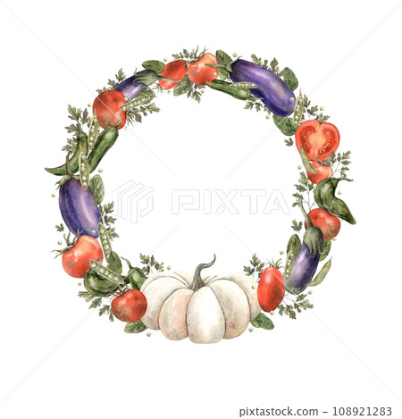 Watercolor wreath of vegetables: pumpkin, tomato, eggplant, tomato, peas, parsley and spinach. Hand-drawn, composition on a white background, suitable for design. 108921283