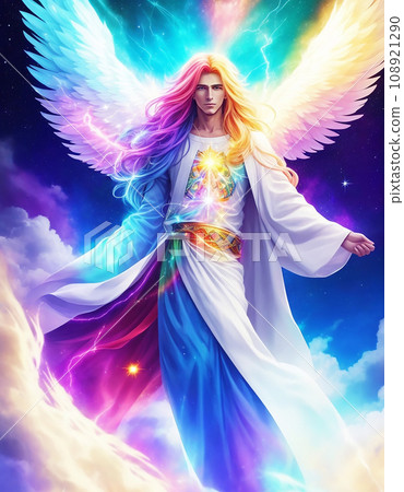 彩虹色大天使米迦勒的插畫藝術（AI 生成圖像）-插圖素材[108921290