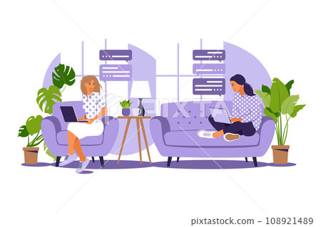 Vector illustration of freelance work. Girls work at the computer at home on the couch. Freelance or studying concept. Girls have a lot of work. Vector illustration of student studying at home. Flat. 108921489