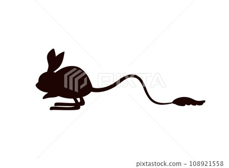 Jerboa vector icon. Jumping jerboa black silhouette, cartoon desert animal with a long tail, exotic wild mammal Jerboa vector icon. Jumping jerboa black silhouette, cartoon desert animal with a long tail, exotic wild mammal 108921558