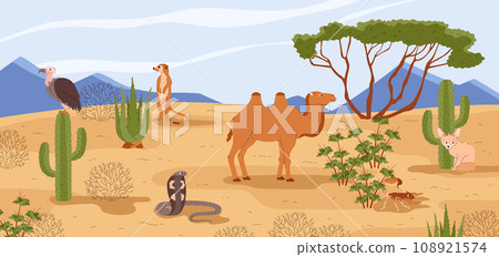 Desert wild animals and birds on sandy dunes with cactus landscape, cartoon camel, fennec, cobra, scorpion and vulture Desert wild animals and birds on sandy dunes with cactus landscape, cartoon camel, fennec, cobra, scorpion and vulture 108921574