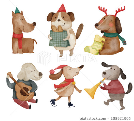 Dog . Christmas theme . Watercolor paint cartoon characters . Isolated . Set 2 of 4 . illustration . 108921905