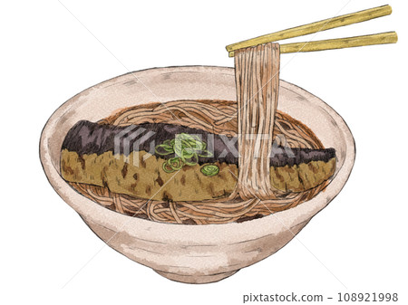 Illustration of herring soba holding noodles with chopsticks (watercolor style) 108921998