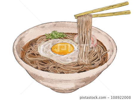 Illustration of Tsukimi Soba lifting noodles with chopsticks (watercolor style) 108922008