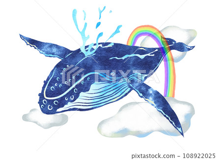 Illustration of a whale swimming with a rainbow in the sky 108922025