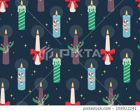Christmas candles seamless pattern in cartoon flat style. Christmas and New Year pattern for fabric, wrapping paper, decor. Vector illustration Christmas candles seamless pattern in cartoon flat style. Christmas and New Year pattern for fabric, wrapping paper, decor. Vector illustration 108922241
