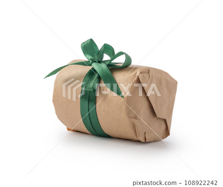 Front view of kraft gift box with green ribbon bow isolated on white Front view of kraft gift box with green ribbon bow isolated on white 108922242