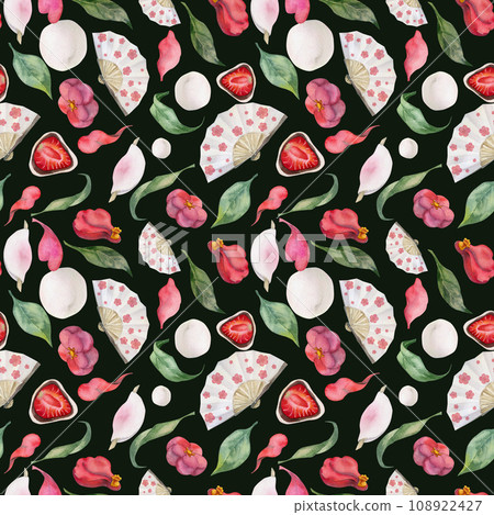 Watercolor seamless pattern with hand drawn traditional Japanese sweets. Wagashi, mochi, camellia flowers. Isolated on dark background. Invitations, restaurant menu, greeting cards, print, textile Watercolor seamless pattern with hand drawn traditional Japanese sweets. Wagashi, mochi, camellia flowers. Isolated on dark background. Invitations, restaurant menu, greeting cards, print, textile 108922427