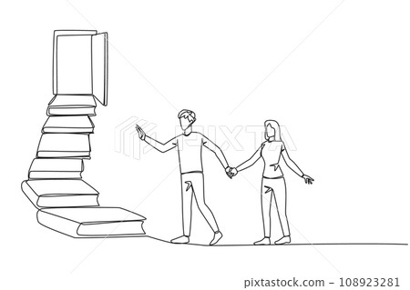 Single one line drawing man woman climb the stairs from the book stack. Towards the wide open door. Metaphor of finding answers from books. Book festival. Continuous line design graphic illustration 108923281