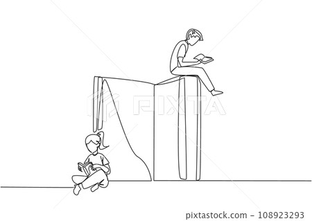 Single one line drawing man woman sitting reading the books while the big book is open. Serious and focus learning increases insight. Book festival concept. Continuous line design graphic illustration 108923293