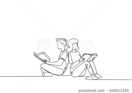 Continuous one line drawing man woman sitting while reading the book. Reading the books to learn. The fast learner. Book festival concept. Happy reading. Single line draw design vector illustration Continuous one line drawing man woman sitting while reading the book. Reading the books to learn. The fast learner. Book festival concept. Happy reading. Single line draw design vector illustration 108923295