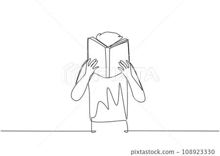 Continuous one line drawing man seriously reading a book until cover the face. Nervous when facing the final exams. Try to focus. Reading increases insight. Single line draw design vector illustration 108923330