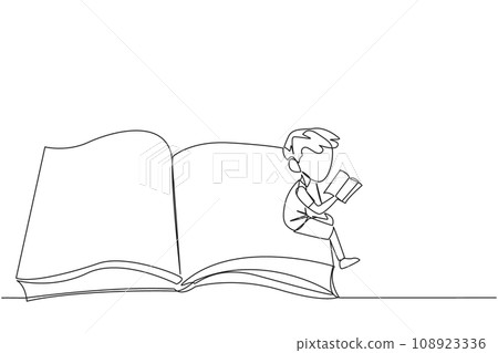 Single one line drawing serious boy sitting on the edge of a large open book. Study before exam time arrives. Read textbooks with focus. Reading is fun. Continuous line design graphic illustration 108923336