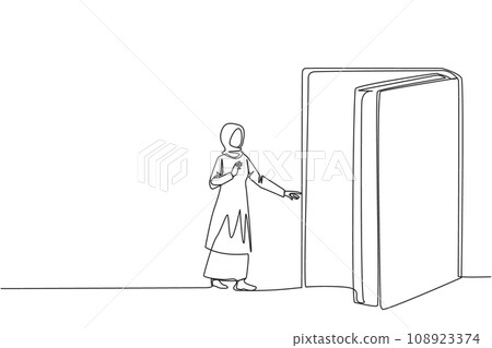 Single one line drawing Arabian woman open the book-shaped door. Book can open mind and see everywhere. Increase knowledge about wider world. Book festival. Continuous line design graphic illustration 108923374