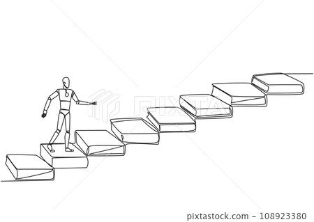 Single continuous line drawing smart robot climb stairs from book. Reading increases knowledge which can increase the dignity of better life. Book festival concept. One line design vector illustration Single continuous line drawing smart robot climb stairs from book. Reading increases knowledge which can increase the dignity of better life. Book festival concept. One line design vector illustration 108923380