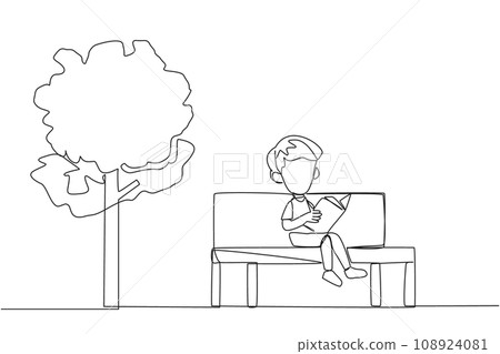 Continuous one line drawing boy sitting on school park bench reading book. Learn by rereading textbook. Read to get maximum marks. Reading increase insight. Single line draw design vector illustration 108924081