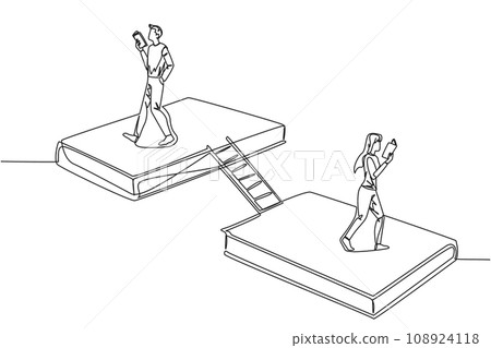 Continuous one line drawing man woman walking on books. Book exhibition concept. Display many books, from scientific books to fiction story books. Book festival. Single line design vector illustration Continuous one line drawing man woman walking on books. Book exhibition concept. Display many books, from scientific books to fiction story books. Book festival. Single line design vector illustration 108924118