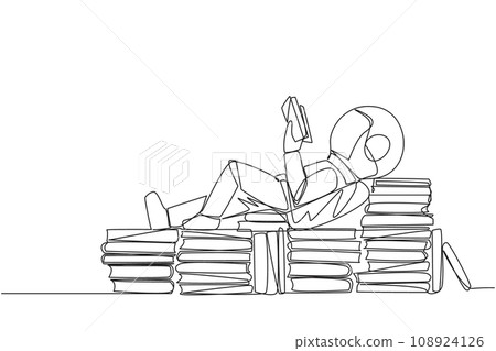 Single one line drawing astronaut lying down on a stack of books lined up. Relax while reading the fiction book. Enjoy the storyline. Book festival concept. Continuous line design graphic illustration Single one line drawing astronaut lying down on a stack of books lined up. Relax while reading the fiction book. Enjoy the storyline. Book festival concept. Continuous line design graphic illustration 108924126