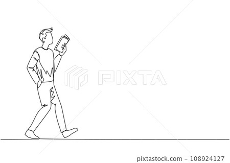 Single continuous line drawing man walking while reading a book. The gesture of memorizing something from a book. Read anywhere. Addicted to reading. Book festival. One line design vector illustration Single continuous line drawing man walking while reading a book. The gesture of memorizing something from a book. Read anywhere. Addicted to reading. Book festival. One line design vector illustration 108924127