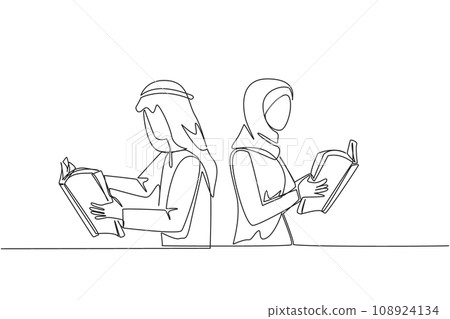 Continuous one line drawing Arab man woman very focused on reading book. Reading fiction story book during holidays. Book festival concept. Very good habit. Single line draw design vector illustration 108924134